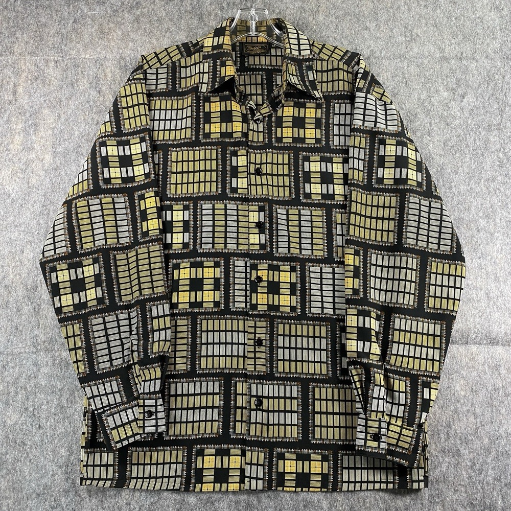 True Vintage Monzini Shirt Men's Medium 1970s Disco Abstract Dagger Black Yellow